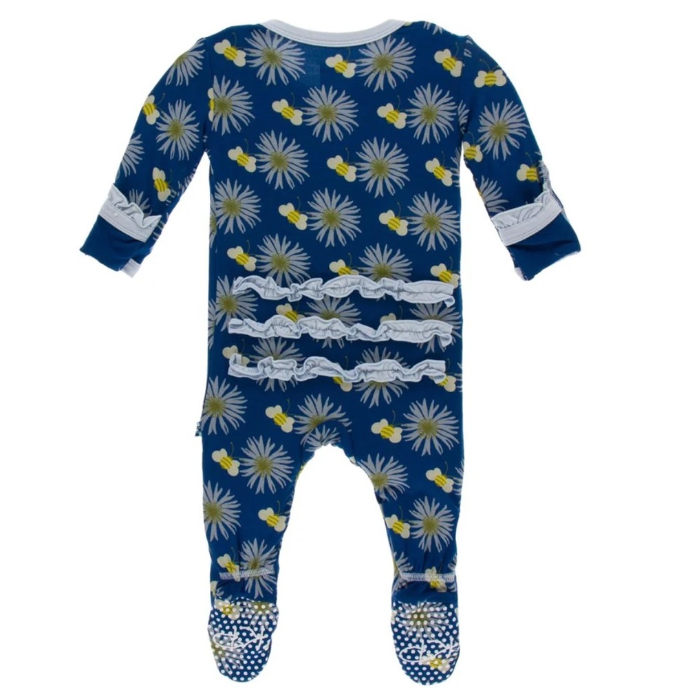 Kickee Pants NWT Muffin Ruffle Footie with Zipper in Navy Cornflower and Bee
